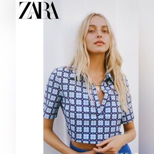 NWT ZARA Retro Geometric Floral Polo Collar Cropped Top